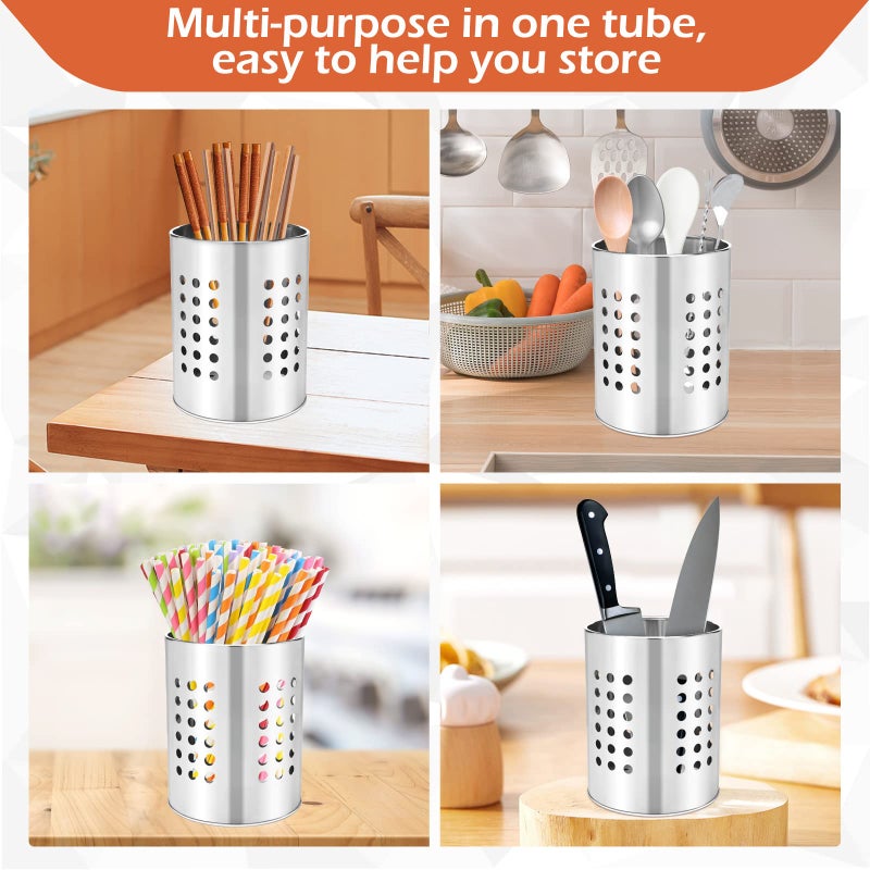 EORTA Stainless Steel Kitchen Utensil Holder Flatware Cylinder Silverware Draining Organizer Drying Rack with Round Drain Holes for Forks, Knives, Spoons, Chopsticks, Small - Image 4